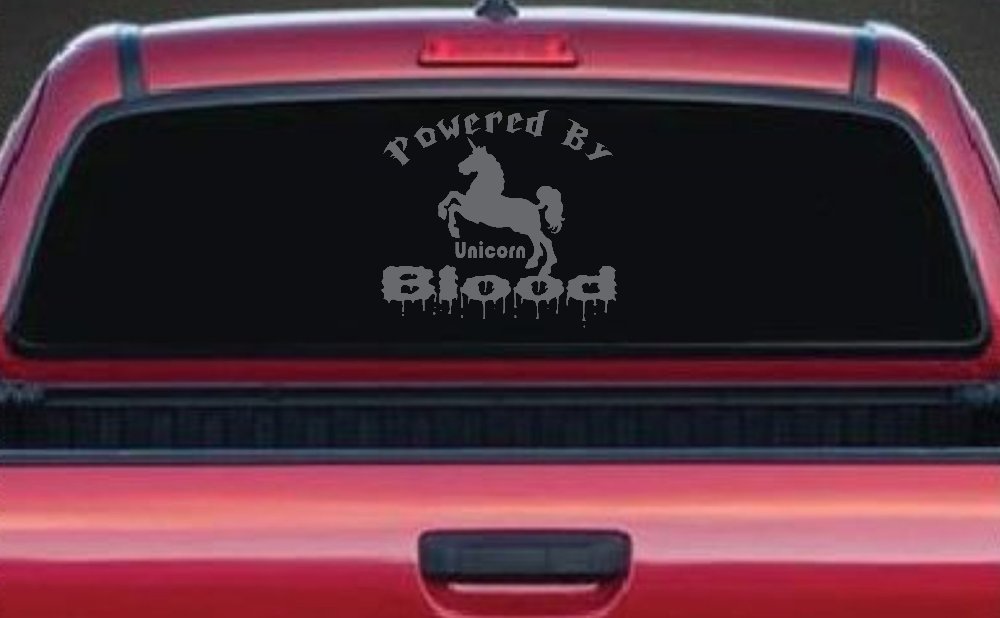 Powered By Unicorn Blood Funny Car or Truck Window Decal Sticker (Silver)