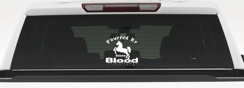 Powered By Unicorn Blood Funny Car or Truck Window Decal Sticker (White)