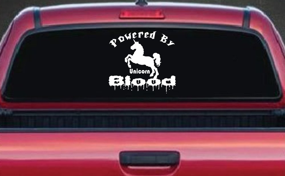 Powered By Unicorn Blood Funny Car or Truck Window Decal Sticker