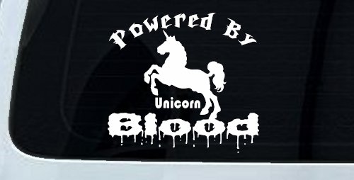 Powered By Unicorn Blood Funny Car or Truck Window Decal Sticker (White)
