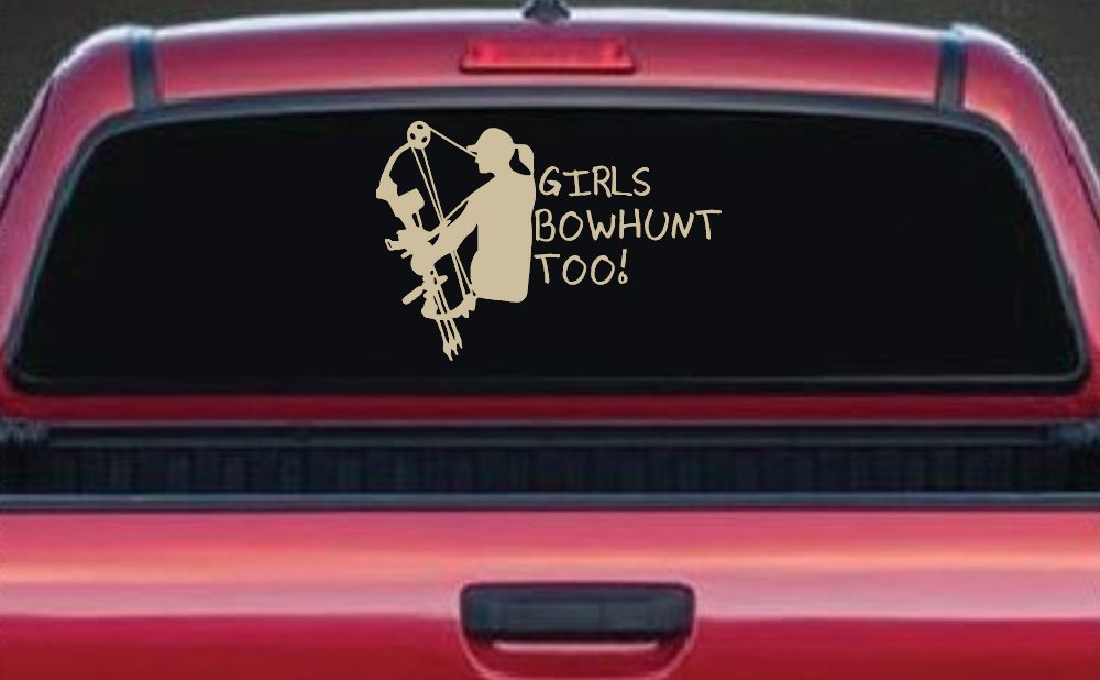 Girls Bow Hunt Too Hunting Car or Truck Window Decal Sticker (Desert Sand)