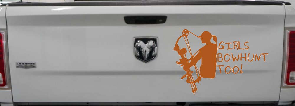 Girls Bow Hunt Too Hunting Car or Truck Window Decal Sticker (Nut Brown)