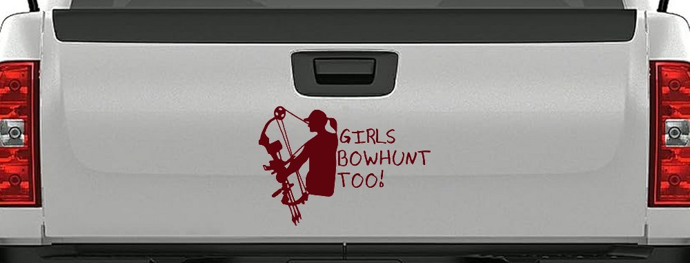 Girls Bow Hunt Too Hunting Car or Truck Window Decal Sticker (Purple Red)