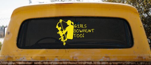 Girls Bow Hunt Too Decal: Truck Window Vinyl Sticker for Female Hunters (Yellow)