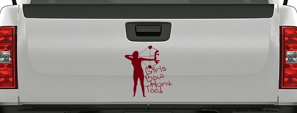 Girls Bow Hunt Too Bowhunter Hunting Car or Truck Window Decal Sticker (Burgundy)