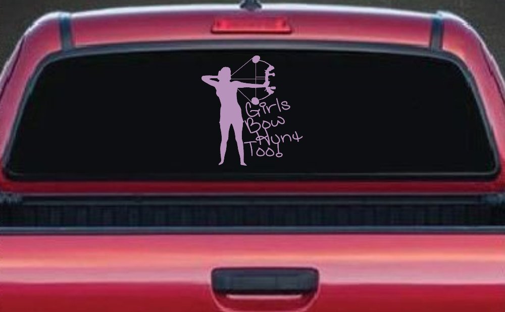 Girls Bow Hunt Too Bowhunter Hunting Car or Truck Window Decal Sticker (Lilac)