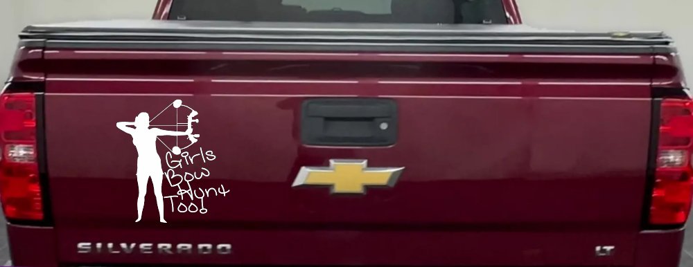 Girls Bow Hunt Too Bowhunter Hunting Car or Truck Window Decal Sticker (White)