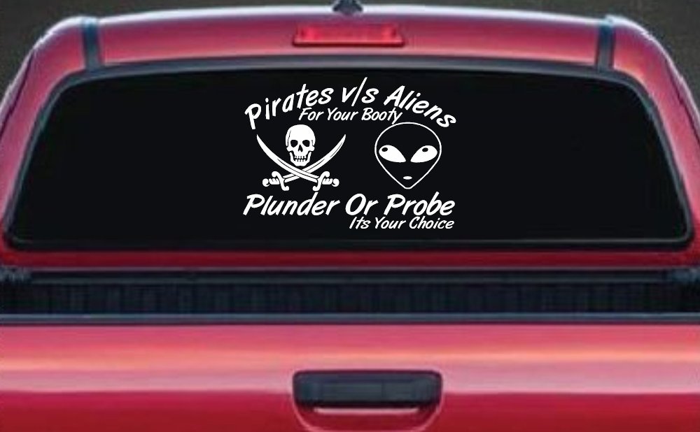 Pirates vs Aliens Funny Decal Sticker for Car Truck Window (White)