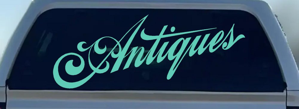 Antiques Swirl Store Window Lettering Business Car or Truck Window Decal Sticker (Mint)