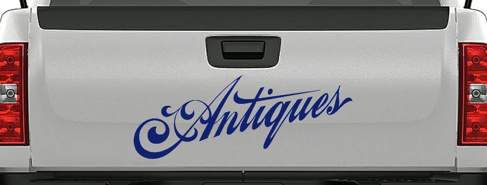 Antiques Swirl Store Window Lettering Business Car or Truck Window Decal Sticker (Navy)