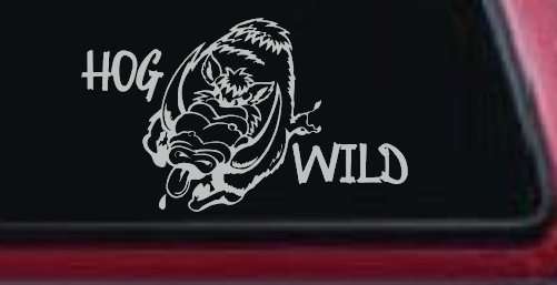 Hog Wild with Wild Boar Hog Hunting Car or Truck Window Decal Sticker (Light Gray)