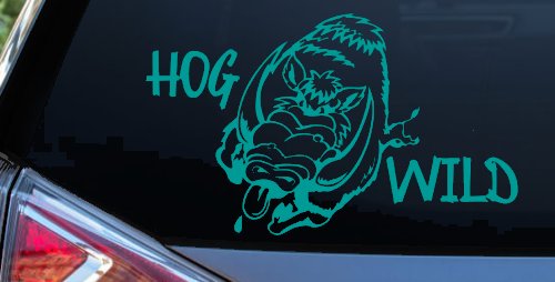 Hog Wild with Wild Boar Hog Hunting Car or Truck Window Decal Sticker (Turquoise)