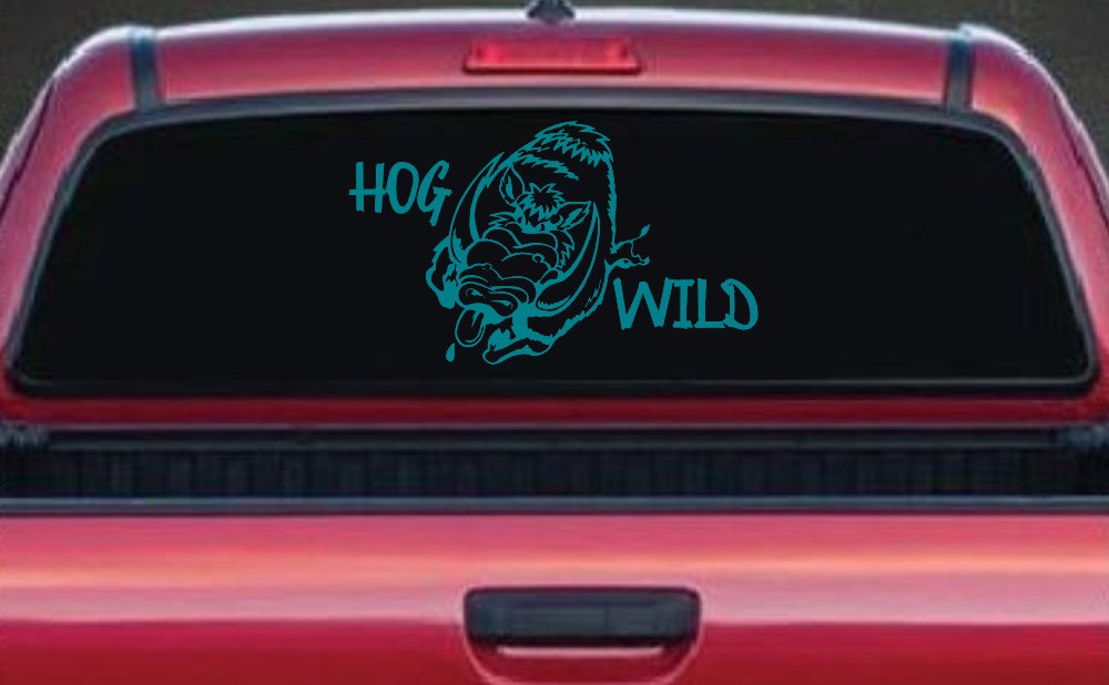 Hog Wild with Wild Boar Hog Hunting Car or Truck Window Decal Sticker (Turquoise Blue)