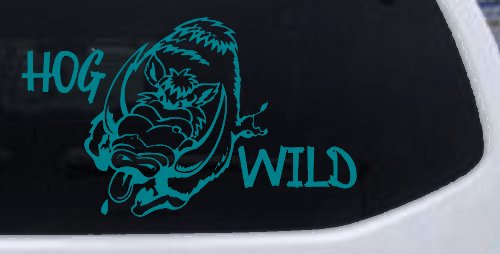 Hog Wild with Wild Boar Hog Hunting Car or Truck Window Decal Sticker (Turquoise Blue)