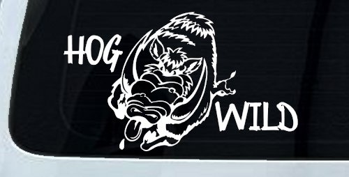 Hog Wild with Wild Boar Hog Hunting Car or Truck Window Decal Sticker (White)