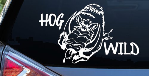 Hog Wild with Wild Boar Hog Hunting Car or Truck Window Decal Sticker (White)