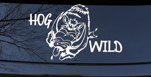 Hog Wild with Wild Boar Hog Hunting Car or Truck Window Decal Sticker (White)