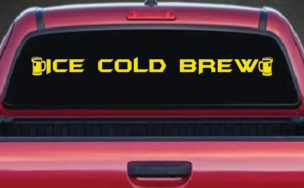 Ice Cold Brew With Beer Mugs Business Window Lettering Sign Car or Truck Window Decal Sticker (Yellow)