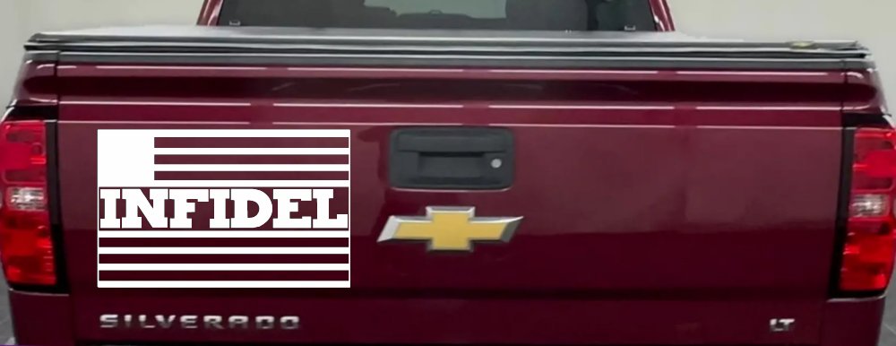 Infidel With American US Flag Military Car or Truck Window Decal Sticker (White)