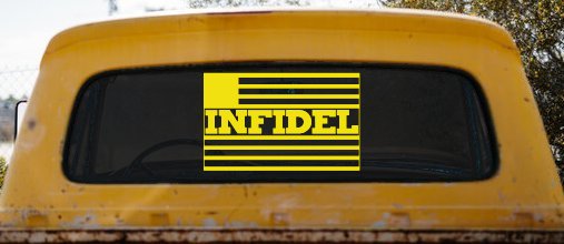 Infidel With American US Flag Military Car or Truck Window Decal Sticker (Yellow)