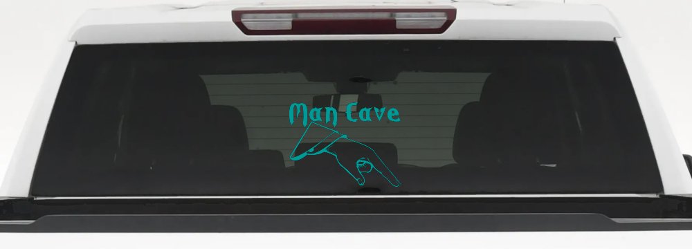 Man Cave Pointing Down Window Lettering Sign Car or Truck Window Decal Sticker (Turquoise)