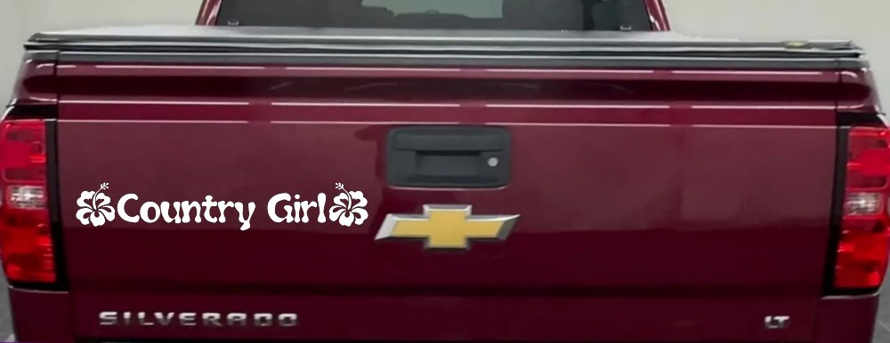 Country Girl With Hibiscus Flowers Car or Truck Window Decal Sticker (White)