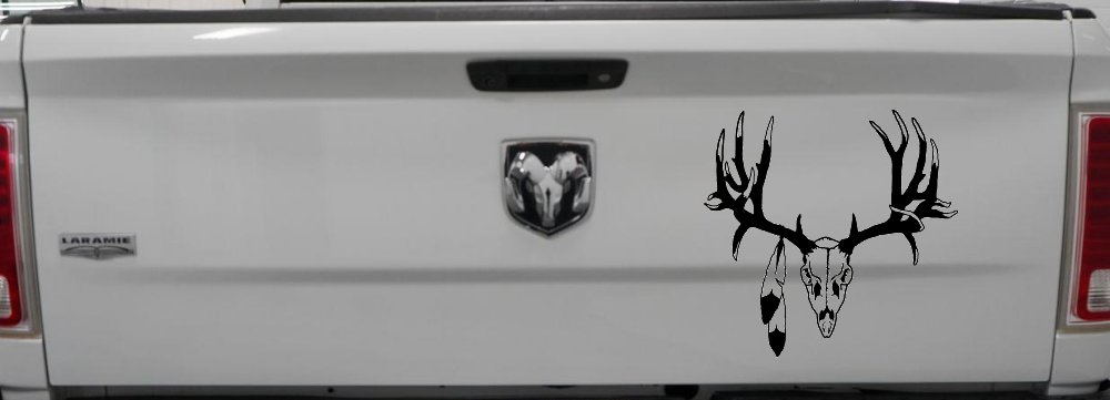 Big Buck Skull With Feathers Hunting Car or Truck Window Decal Sticker (Black)