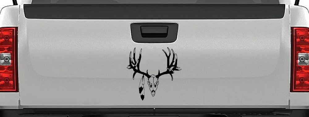 Big Buck Skull With Feathers Hunting Car or Truck Window Decal Sticker (Black)
