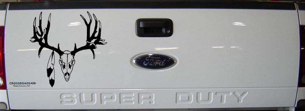 Big Buck Skull With Feathers Hunting Car or Truck Window Decal Sticker (Black)