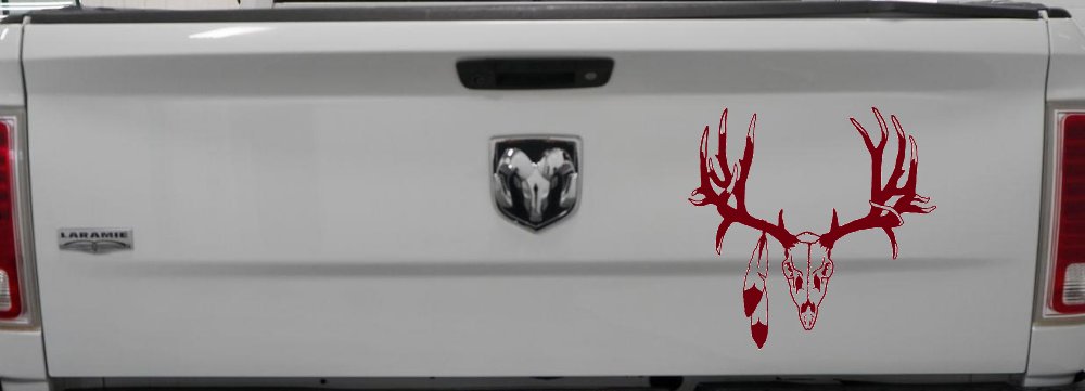 Big Buck Skull With Feathers Hunting Car or Truck Window Decal Sticker (Burgundy)