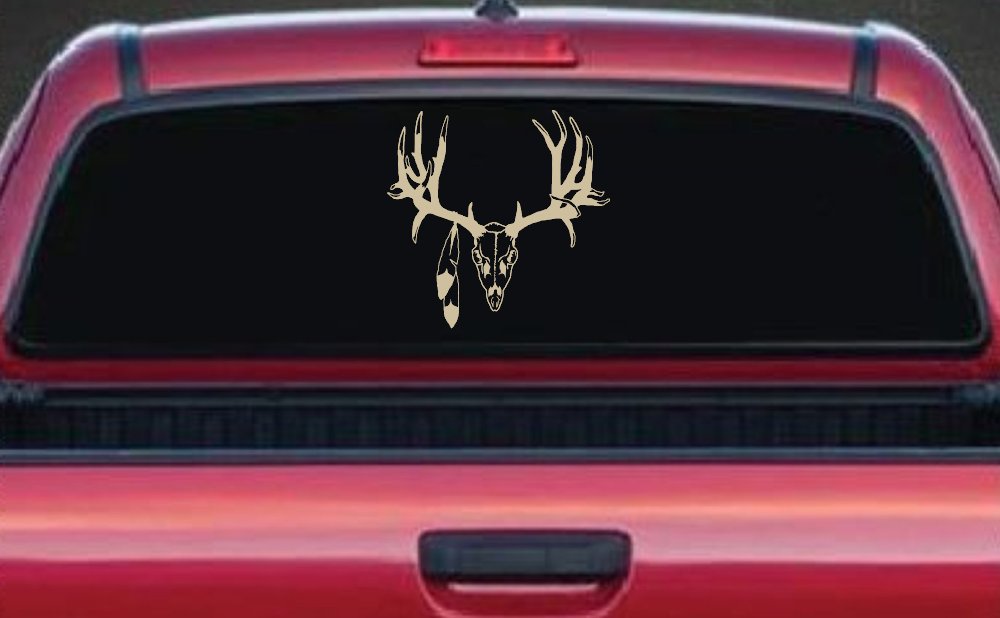 Big Buck Skull With Feathers Hunting Car or Truck Window Decal Sticker (Desert Sand)