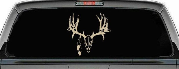 Big Buck Skull With Feathers Hunting Car or Truck Window Decal Sticker (Desert Sand)