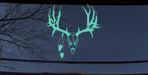 Big Buck Skull With Feathers Hunting Car or Truck Window Decal Sticker (Mint)