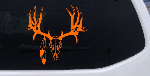 Big Buck Skull With Feathers Hunting Car or Truck Window Decal Sticker (Orange)