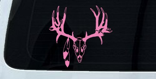 Big Buck Skull With Feathers Hunting Car or Truck Window Decal Sticker (Pink)