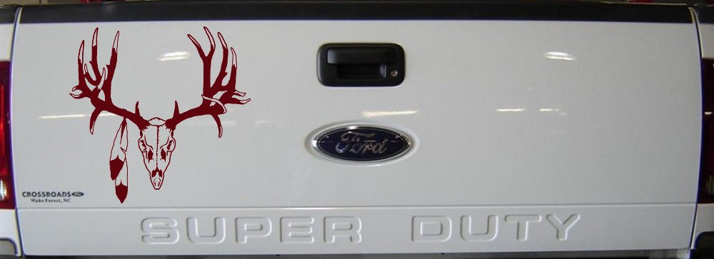 Big Buck Skull With Feathers Hunting Car or Truck Window Decal Sticker (Purple Red)