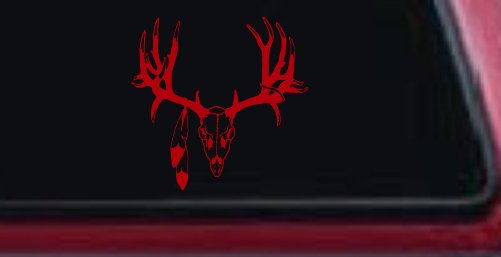 Big Buck Skull With Feathers Hunting Car or Truck Window Decal Sticker (Red)