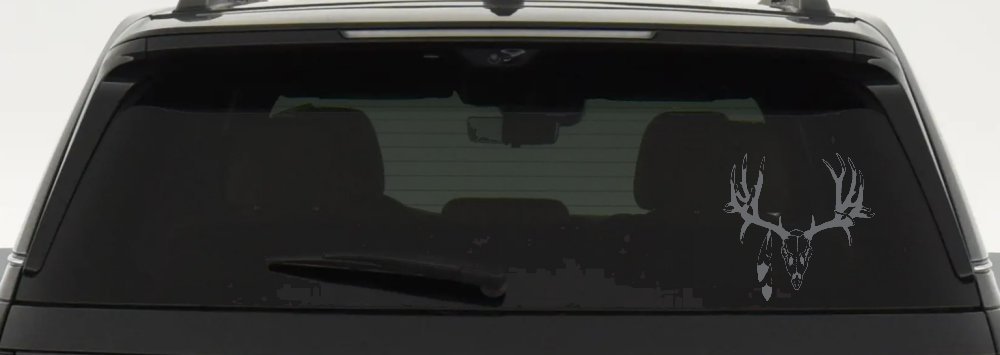 Big Buck Skull With Feathers Hunting Car or Truck Window Decal Sticker (Silver)
