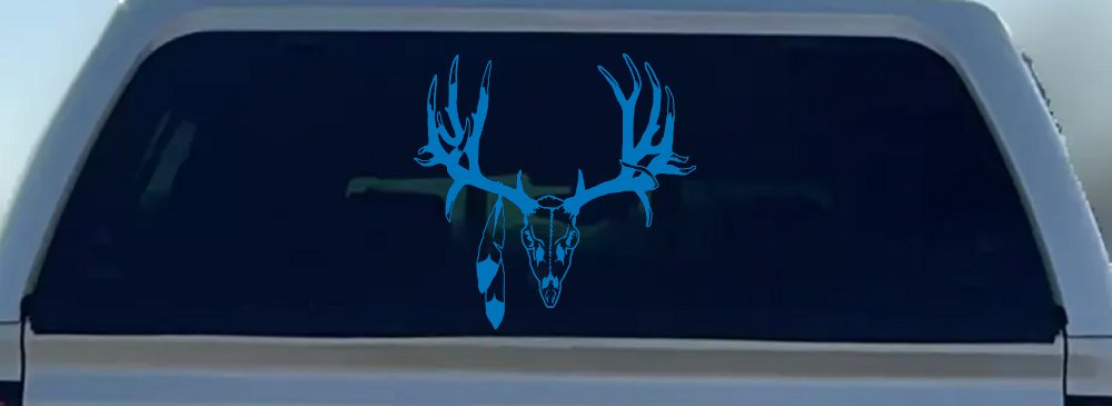 Big Buck Skull With Feathers Hunting Car or Truck Window Decal Sticker (Sky Blue)