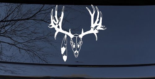 Big Buck Skull With Feathers Hunting Car or Truck Window Decal Sticker (White)