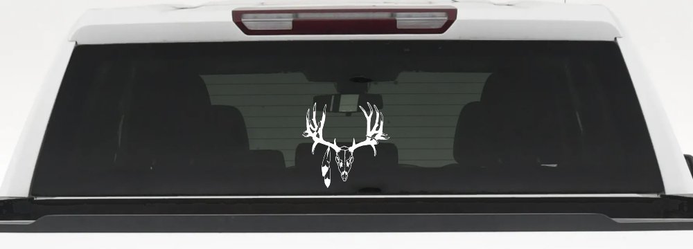 Big Buck Skull With Feathers Hunting Car or Truck Window Decal Sticker (White)