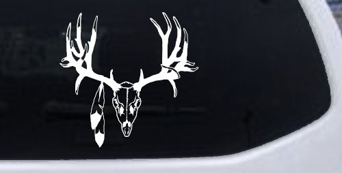 Big Buck Skull With Feathers Hunting Car or Truck Window Decal Sticker (White)
