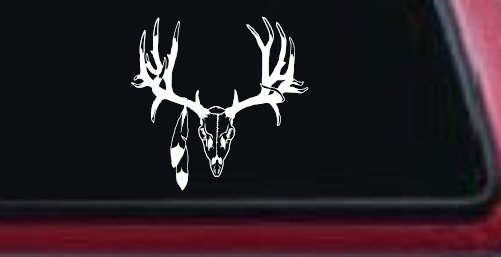 Big Buck Skull With Feathers Hunting Car or Truck Window Decal Sticker (White)