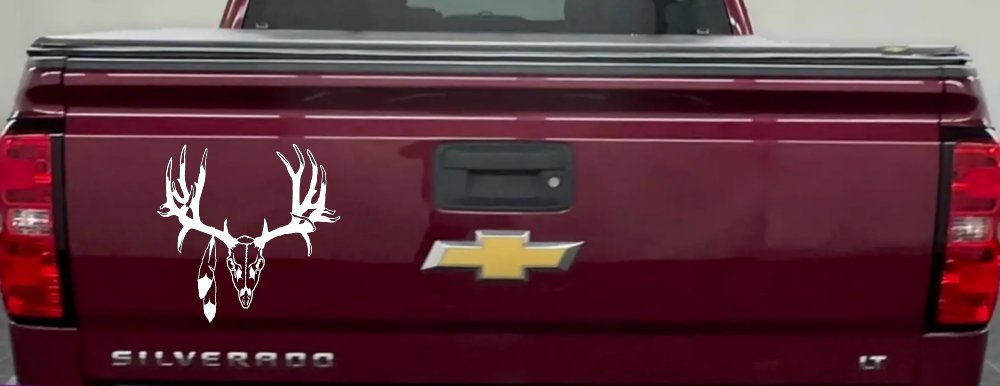 Big Buck Skull With Feathers Hunting Car or Truck Window Decal Sticker (White)