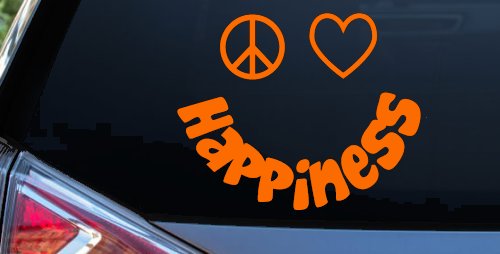 Peace Love Happiness Smiley Car or Truck Window Decal Sticker (Orange)