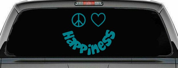 Peace Love Happiness Smiley Car or Truck Window Decal Sticker (Turquoise Blue)