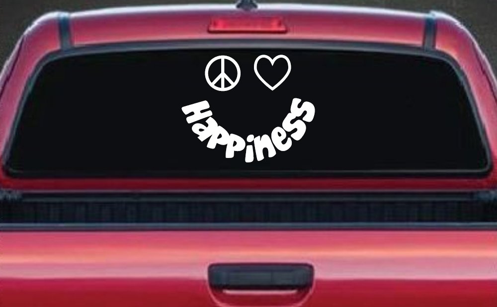 Peace Love Happiness Smiley Car or Truck Window Decal Sticker (White)