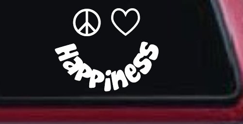 Peace Love Happiness Smiley Car or Truck Window Decal Sticker (White)