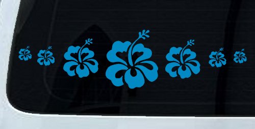 Hibiscus Flowers Row Car or Truck Window Decal Sticker (Blue)
