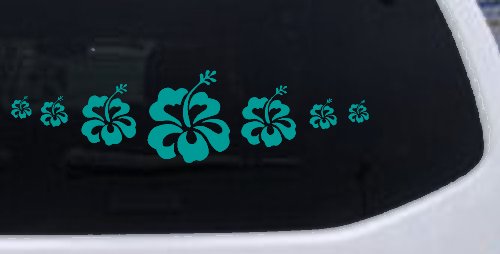 Hibiscus Flowers Row Car or Truck Window Decal Sticker (Turquoise)
